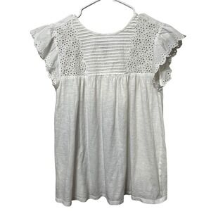 LOFT White Eyelet Lace Pintuck Flutter Sleeve Slub Knit Top Medium
